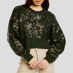NWOT Rag & Bone cropped Sequin Sweater in olive green. SZ S Originally $595